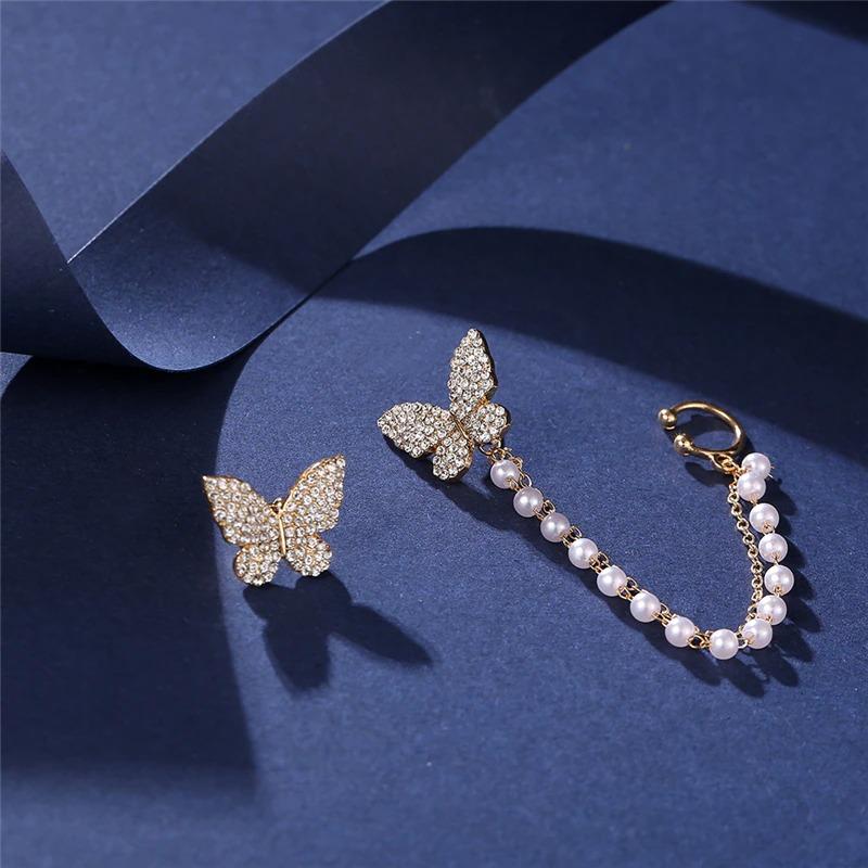2PCS Fashion Zircon Butterfly Earrings for Women Sweet Girls Chain Asymmetrical Stud Earrings Luxury Jewelry Party Gifts