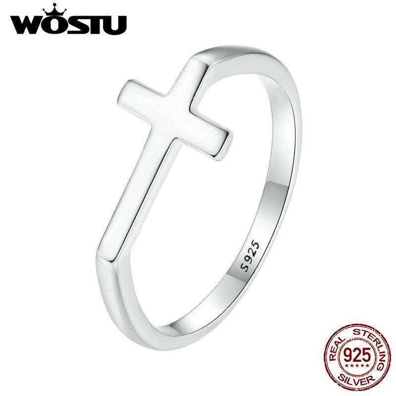 WOSTU 925 Sterling Silver Simple Cross Finger Ring for Women Daily Wear Guard Female Ring Jewelry Gift For Daugther Family