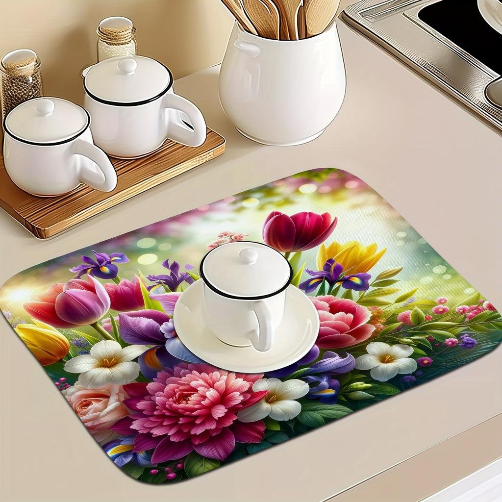 1 шт. красочные цветы напечатаны резиновый сушильный коврик для кофейни кухонный ковер посуда прочный диатомовый грязевой коврик для стола коврик для кофе для домашних животных