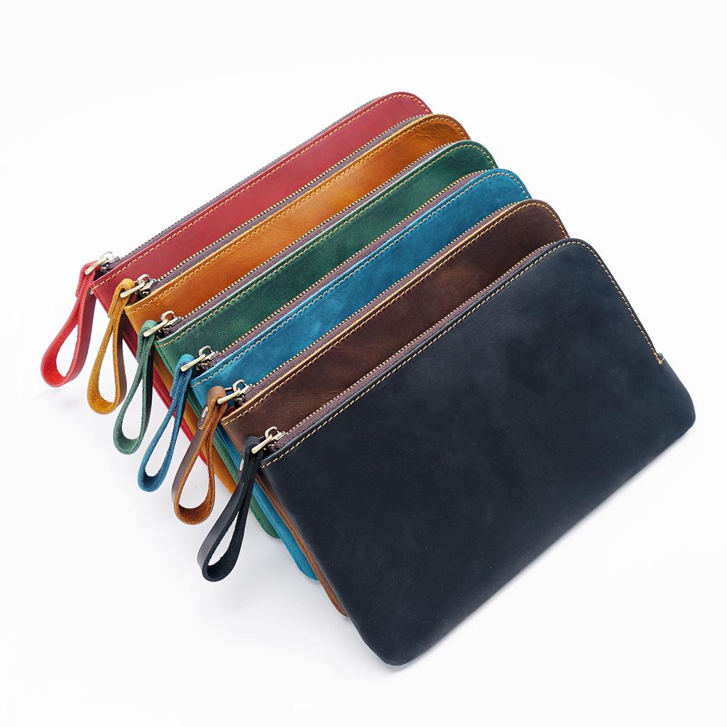 Crazy Horse Leather Zipper Pen Bag European and American Storage Bag Multi-function Large Capacity Removable Pencil Case