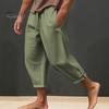 Men Cropped Pants Drawstring Elastic Waist Solid Color Loose Pockets Split Deep Crotch Soft Breathable Summer Vacation Beach