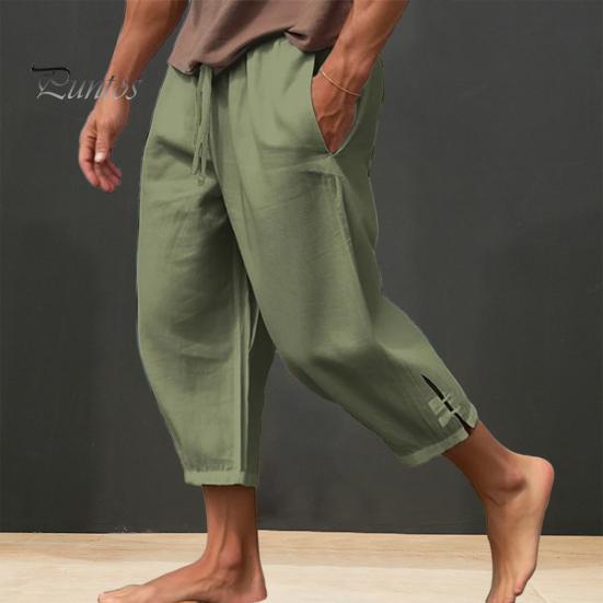 Men Cropped Pants Drawstring Elastic Waist Solid Color Loose Pockets Split Deep Crotch Soft Breathable Summer Vacation Beach