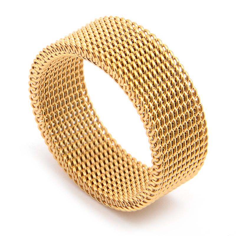 Men's Stainless Steel Elastic Mesh Gold Ring - Non-fading, Hollow Design, 8mm Width.