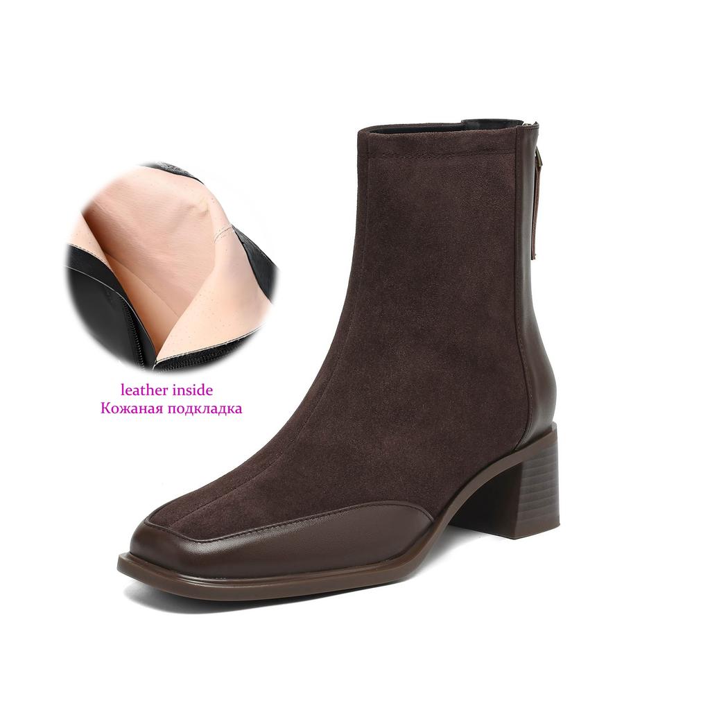 Krazing Pot Cow Suede Nubuck Autumn Winter Shoes Thick Heels Size 42 Square Toe Zipper Vintage Ankle Boots