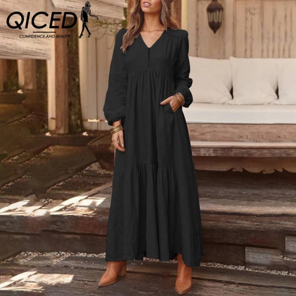QICED Women's Cotton Maxi Dress Long Sleeve Ruffle Pocket