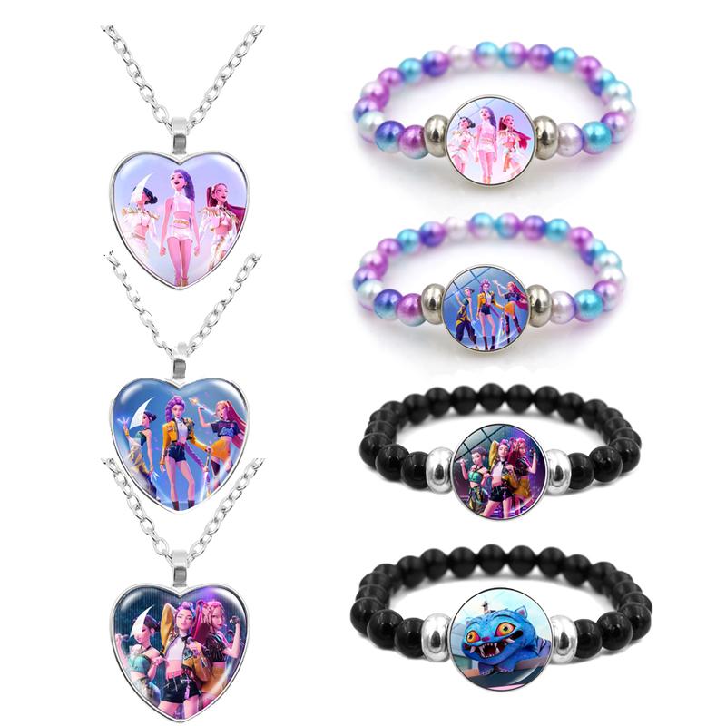 Kpop Demon Hunters Bracelets + Necklace Jewelry Set 2pcs Female Fashion Necklace Chain Pendants Accessories Girl Party Gift Toy