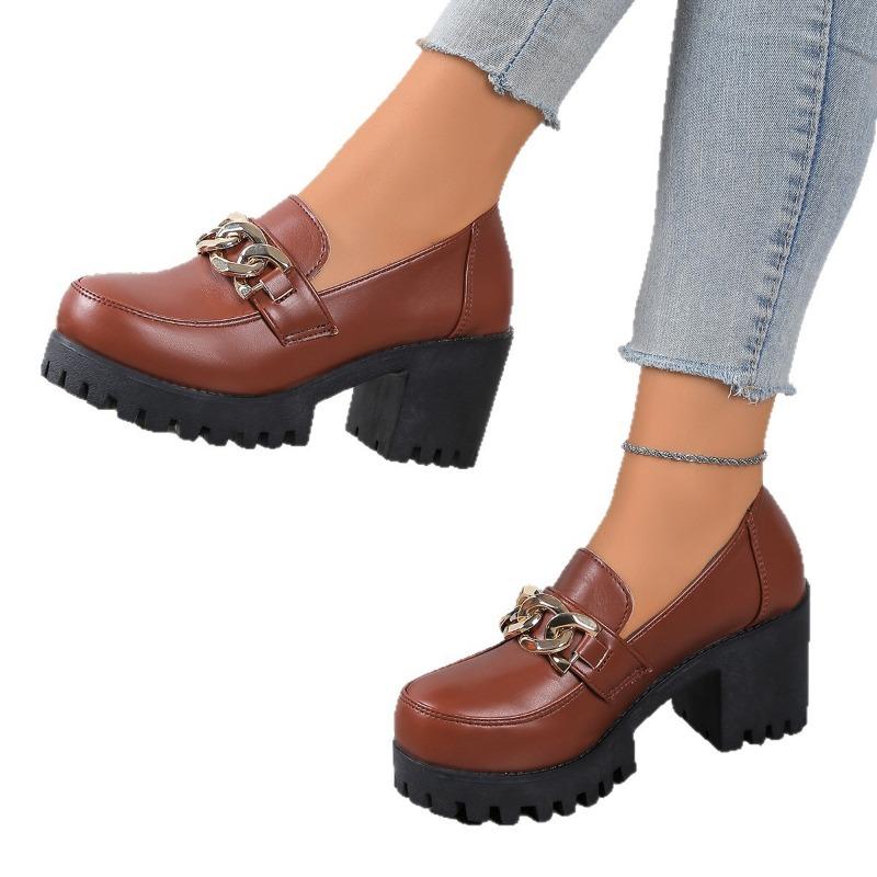 Женские лоферы большого размера на толстой подошве, новые кожаные туфли с квадратным каблуком и круглым носком