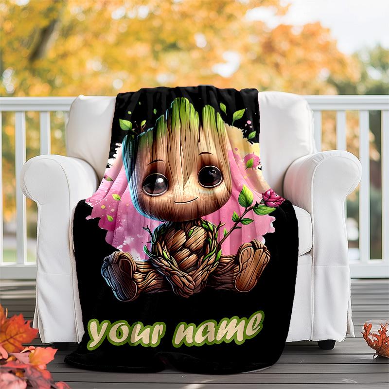 Customizable Groot Throw Blanket – Personalized Name, All-Season Cozy Snug Blanket, Machine Washable, Personalized Blanket
