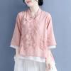 Spring and Summer Chinese Style Cotton and Linen Shirt Women's Embroidered Literary Retro Disc Buckle Diagonal Three-quarter Sleeve Blouse Women
