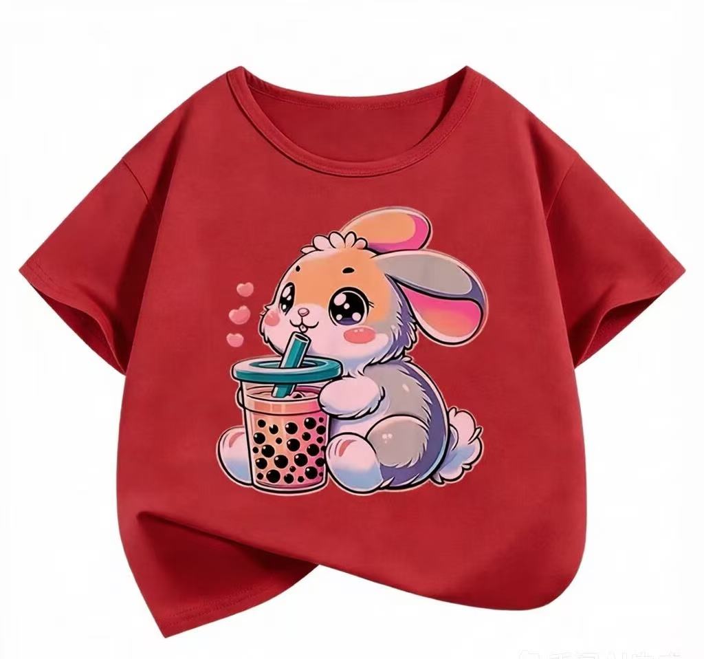 Cute Cartoon Rabbit Drinking Bubble Tea Kids T-Shirt Girls Summer Cotton Short Sleeve Top Toddler Baby Girl Clothes Pink Tee