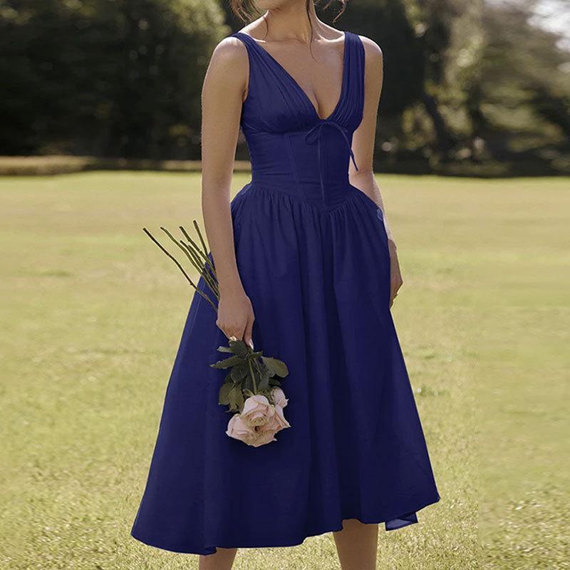 YYFS Women's Fashion Summer Spring Solid Color Print Sleeveless V-Neck High Waist Casual Dresses