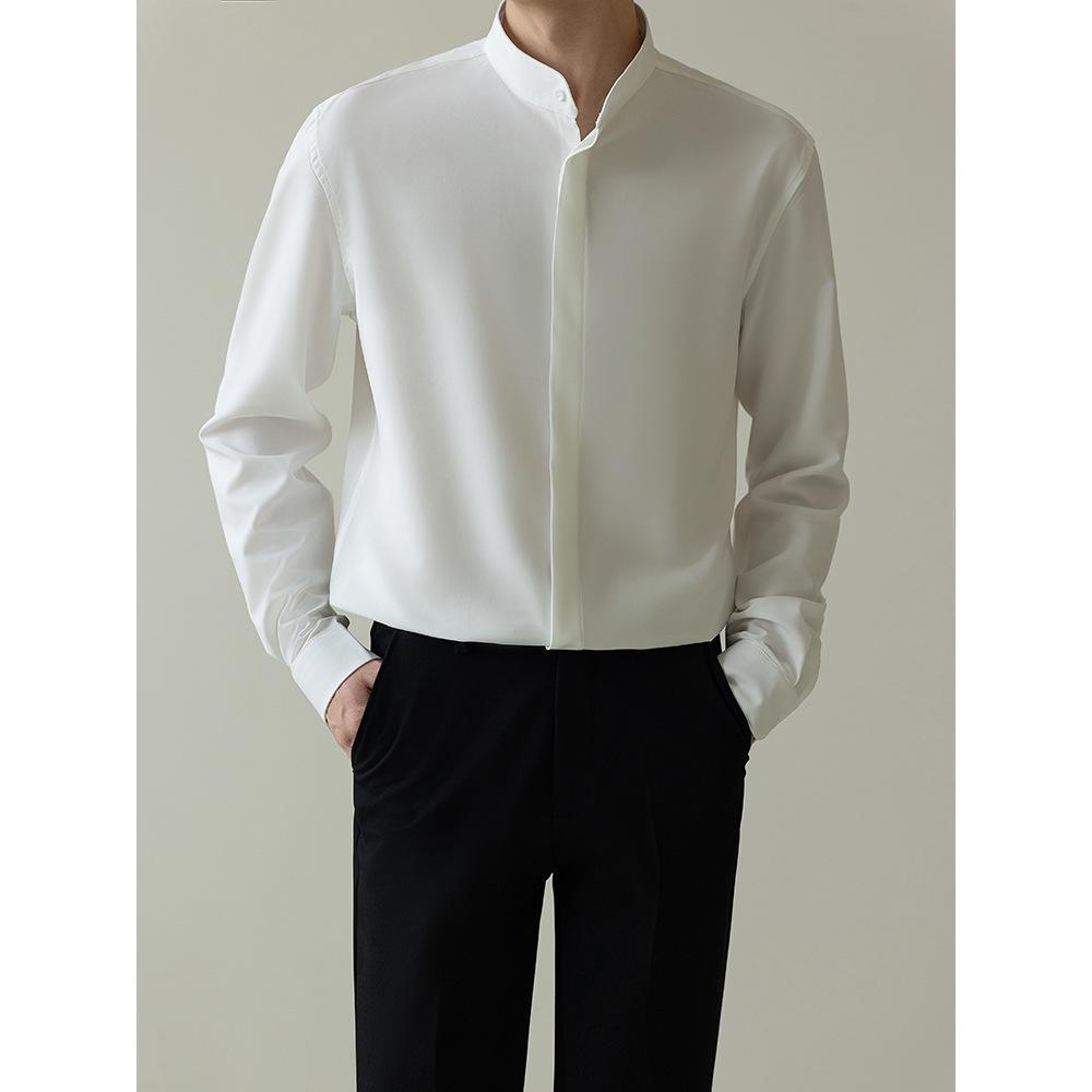 Мужская осенняя легкая рубашка с длинным рукавом из нежелезного шелка Ice Silk, облегающая, без железа - тренд в корейском стиле