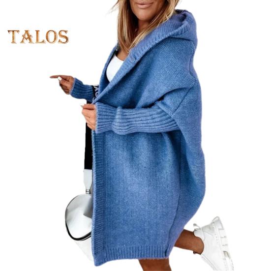 Женский свитер, пальто с капюшоном, длинный рукав, ребристые манжеты, открытая передняя часть, вязаное пальто, однотонный свитер средней длины, кардиган