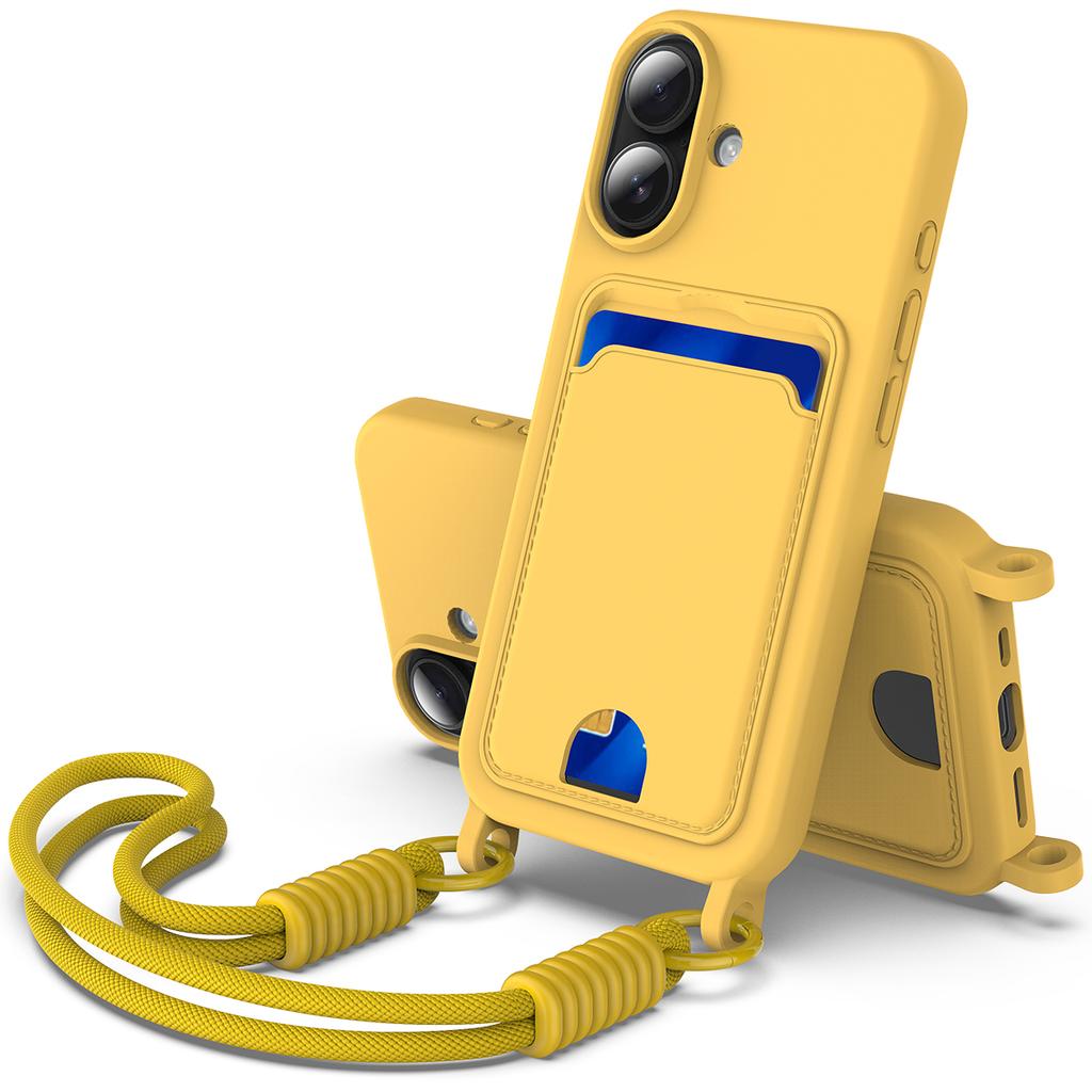 Чехол для iPhone 16 Plus Жидкий силикон Держатель для карт Задняя крышка телефона с коротким ремешком