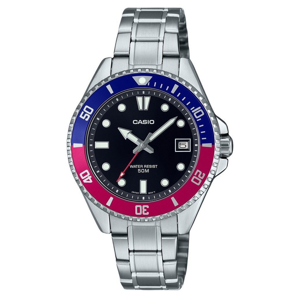 Casio Standard Analog Pepsi Bezel Stainless Steel Black Dial Quartz MDV-10D-1A3 Men's Watch