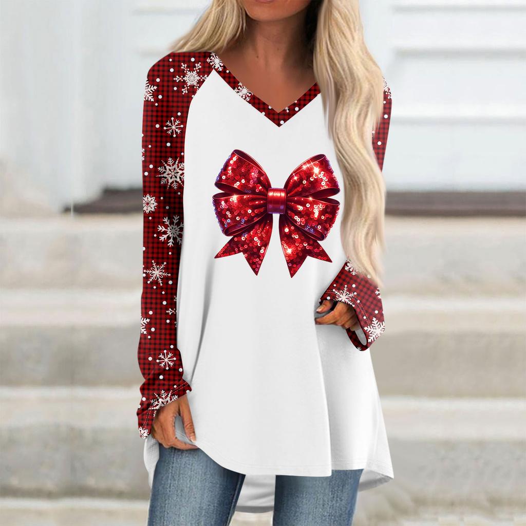 Women's Autumn And Winter Long Sleeved V-neck Christmas Printing Casual Long Loose T-shirt Top