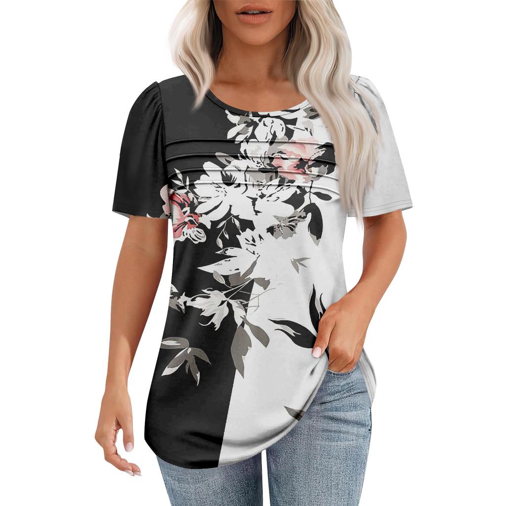 Ladies' Fashionable Printed Round Neck Pleated Short Sleeved Shirt
