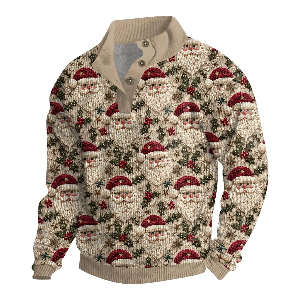 Мужская рождественская хлопковая рубашка-пуловер с длинным рукавом для активного отдыха, винтажная вельветовая рубашка с воротником-стойкой и пуговицами, повседневная толстовка с рождественским принтом