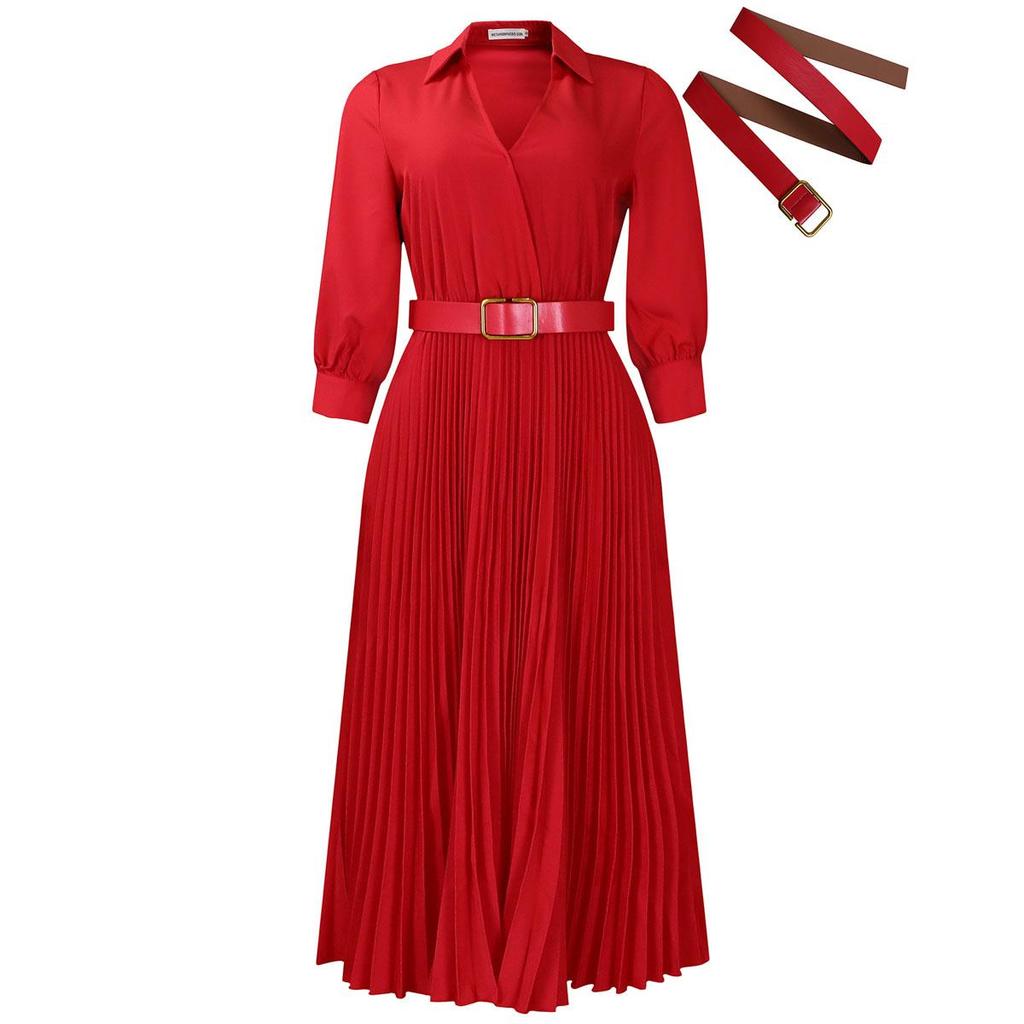 Qooth Модное женское элегантное однотонное плиссированное платье с длинными рукавами и v-образным вырезом. Элегантное повседневное платье больших размеров с поясом QT2359.