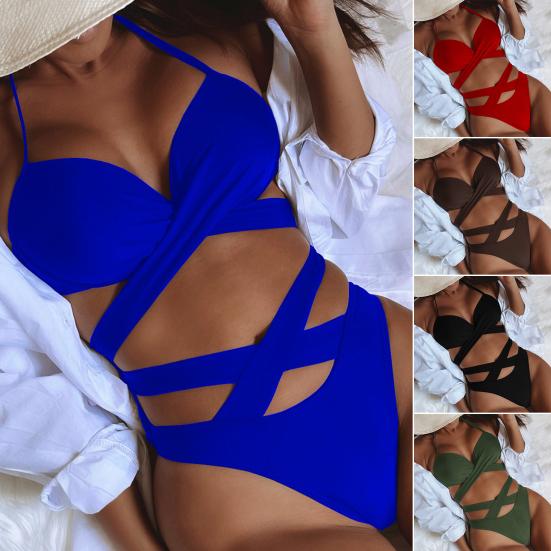 2 Pcs/Set Bathing Suit Solid Color Padded Cross Strap Swimwear Set Spa