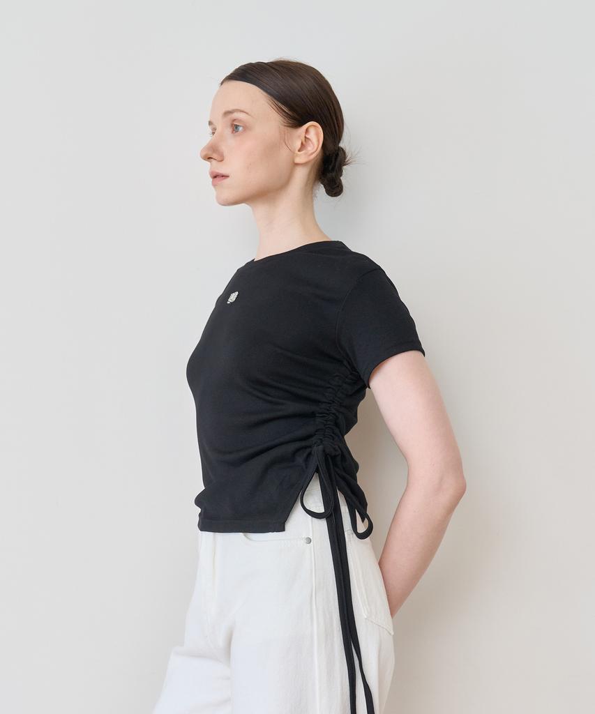 BIBYSEOB Asymmetrical Shirred Half T-Shirt Black [T42]