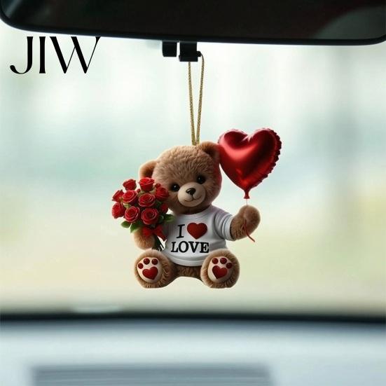 Clear Printed Acrylic Charm Teddy Bear Hanging Ornament, Holding Heart Balloon Red Rose Bouquet Decoration, Small Romantic Keepsake Car
