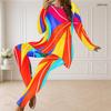 Women Plus Size Blue White Printed Two Piece Set Round Neck Long Sleeve Longline Top Fitted Pants
