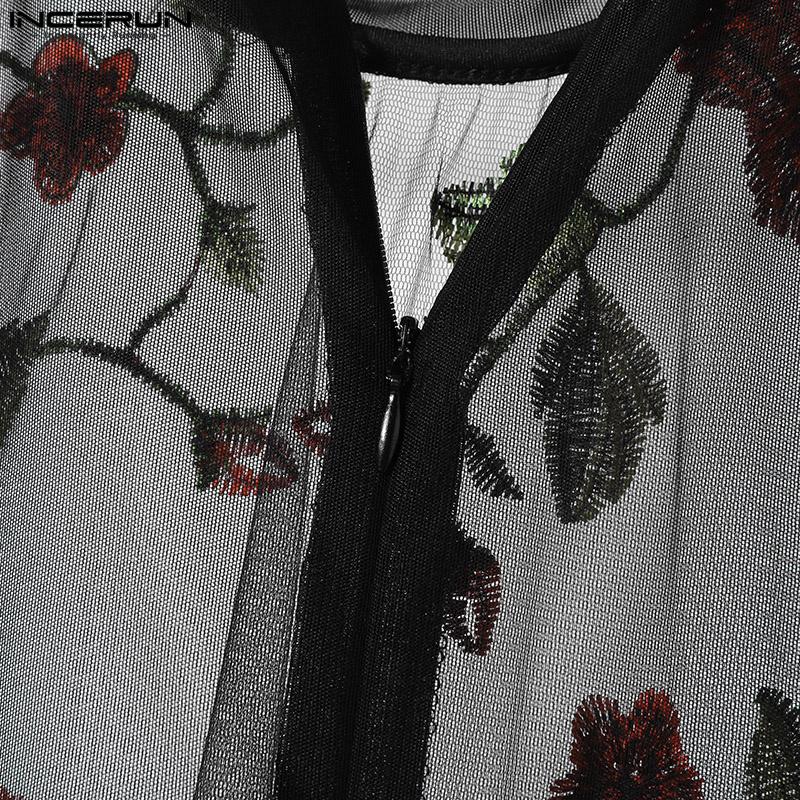 INCERUN Мужские прозрачные боди с коротким рукавом и прозрачной цветочной вышивкой