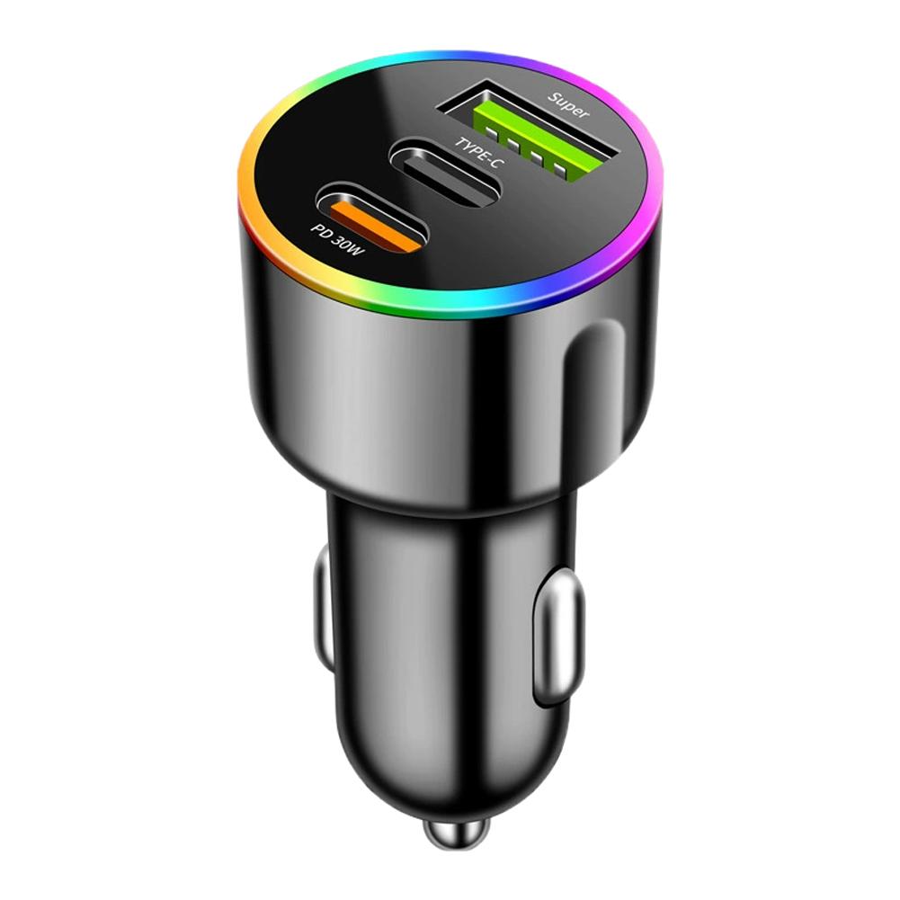 Быстрое автомобильное зарядное устройство 60 Вт PD30 Вт QC3.0 Двойной порт USB C Автомобильное зарядное устройство 7 цветов RGB Атмосферная подсветка Адаптер быстрой зарядки Для мобильного телефона