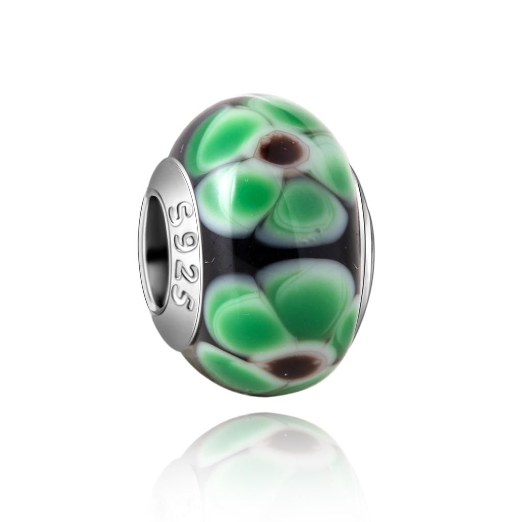 Муранское стекло Серия стерлинговое серебро 925 пробы Медный павлин синий и лепесток цветка Вращается Шарм Подходит для браслета Женские изящные циркониевые аксессуары