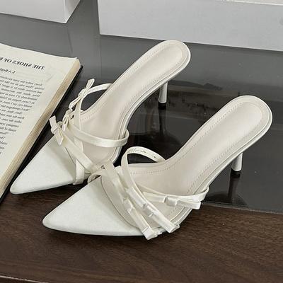 Модные Элегантные Шлепанцы с Бантом и Перекрестной Шнуровкой Женские Модные Сандалии-Слайды на Тонком Каблуке с Острым Носком Дизайнерская Обувь класса Люкс Платье Обувь Zapatos Mujer