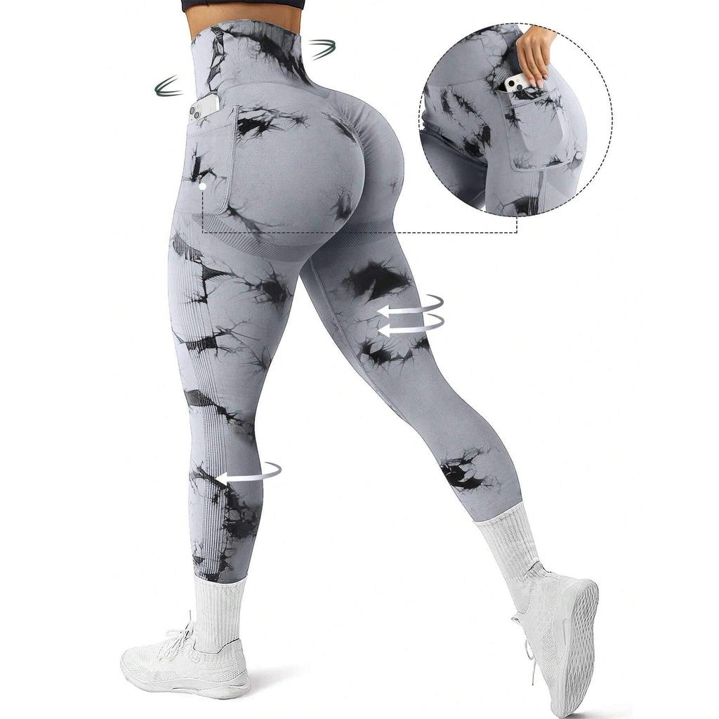 Женские штаны для йоги с принтом тай-дай и боковыми карманами – спортивная одежда, приподнимающая бедра