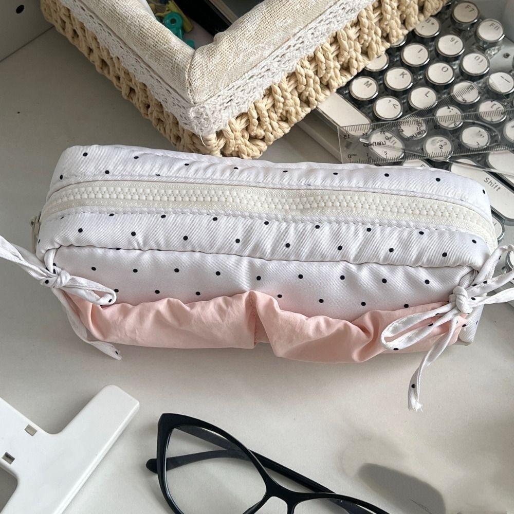 Large Capacity Polka Dot Pencil Bag White With Pink Bow Pencil Case School Supplies