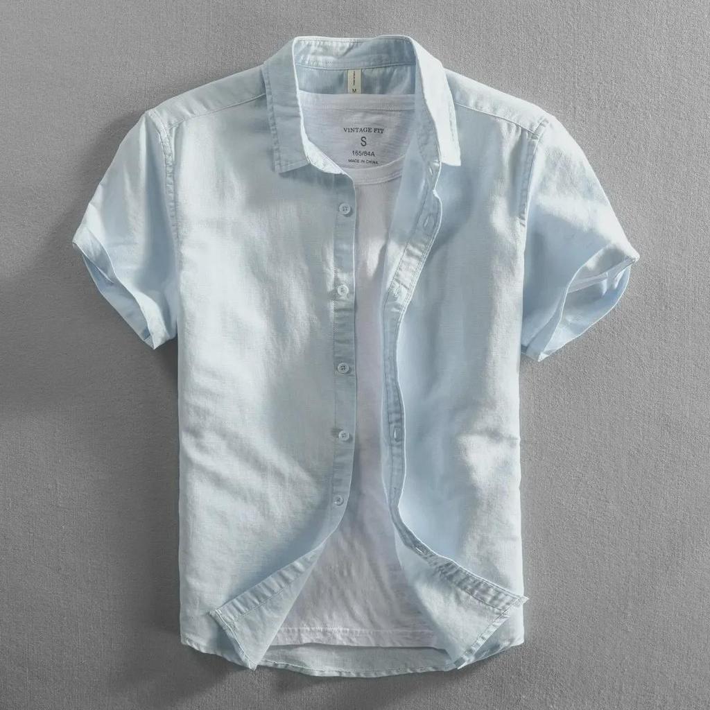 Мужская модная повседневная белая рубашка из хлопка и льна с коротким рукавом