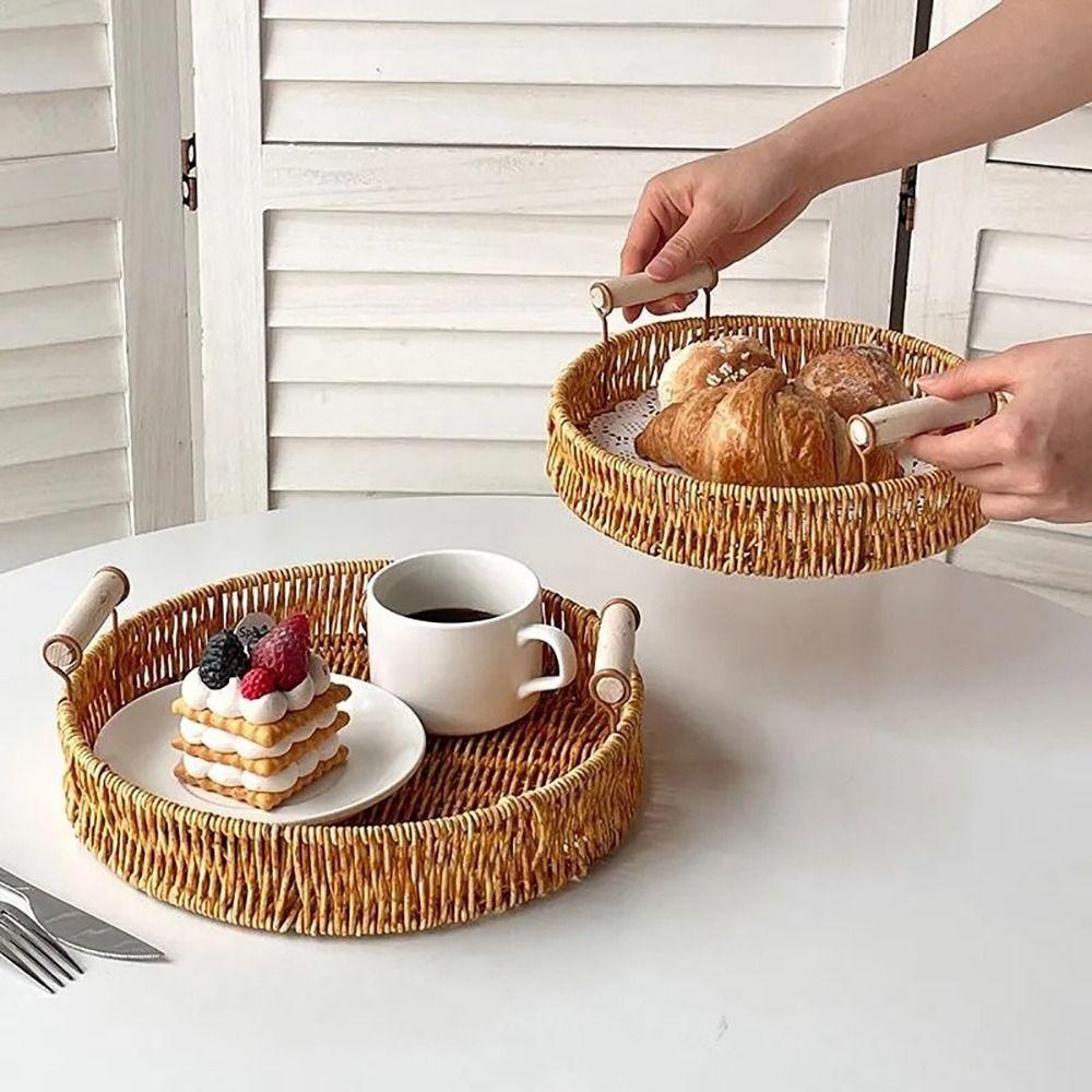 New Handwoven Rattan Basket With Handle Round Shape Storage Tray Breakfast Bread Food Plastic Rattan Threads Basket