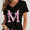 3D Printed Women's T-shirt Casual V-neck Short Sleeved Top Summer Cherry Blossom Letter Trend Loose Fitting Women's T-shirt