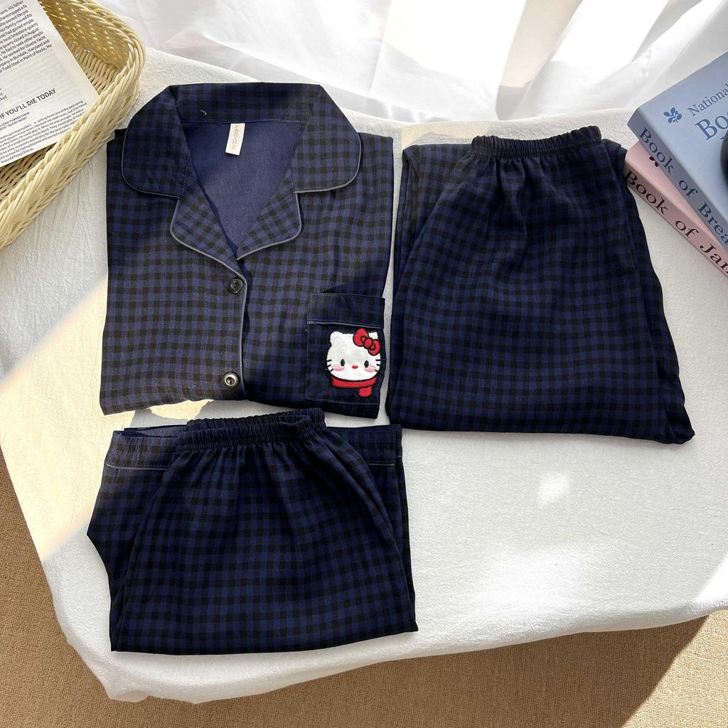 Клетчатый пижамный комплект Hello Kitty - Женский короткий рукав Весна/Лето 3 предмета