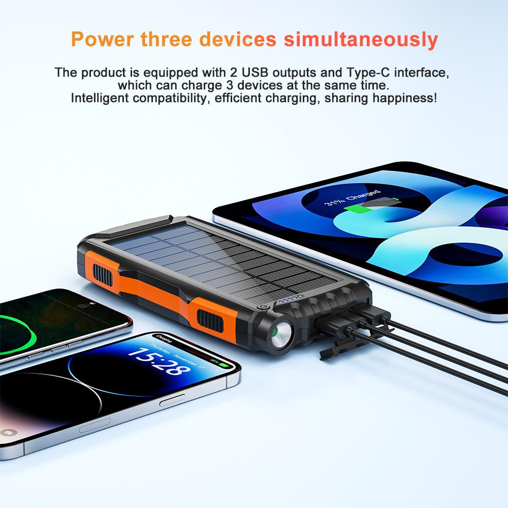 Портативное зарядное устройство на солнечной батарее 20000 мАч, внешний аккумулятор со светодиодной подсветкой для iPhone 15, 14, 13, Samsung, Huawei, Xiaomi