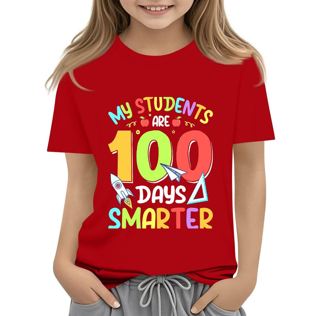 Kids Fashion Casual Short Sleeve 100 Day School Anniversary Printed Round Neck T-Shirt Top