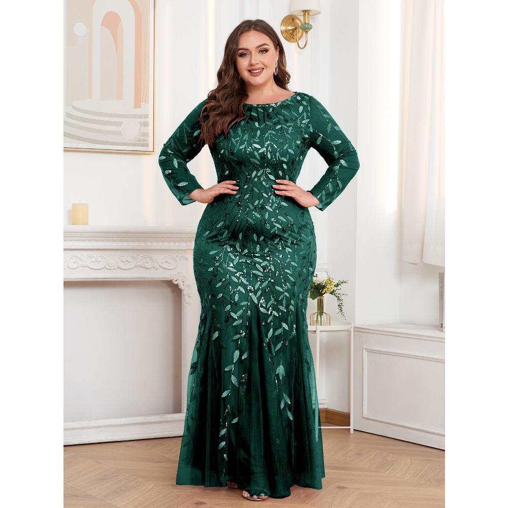 Элегантное платье-русалка с вышивкой больших размеров, круглый вырез, длинный рукав, на подкладке, молния сзади
