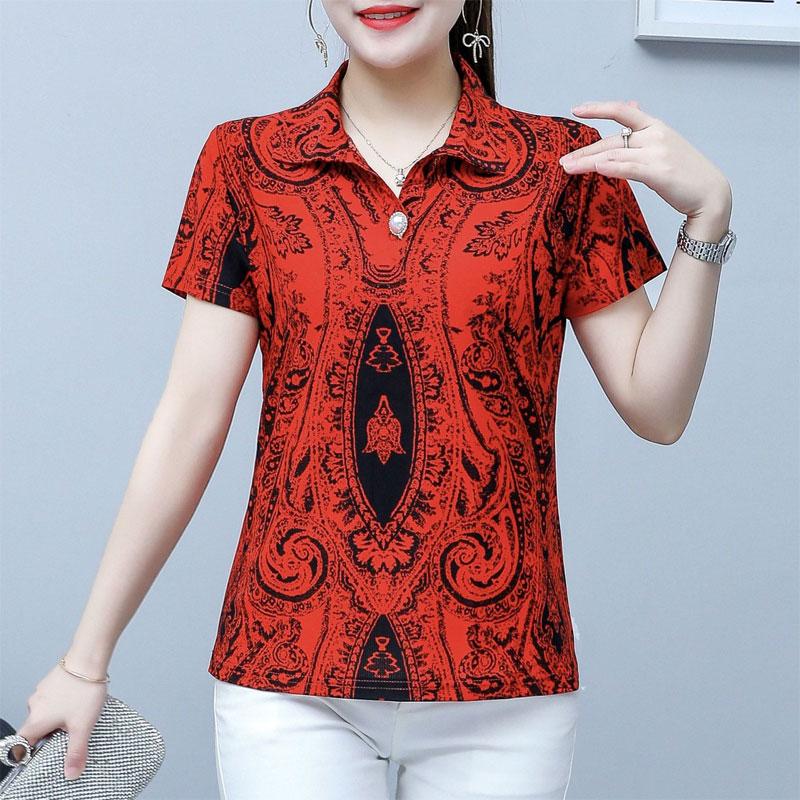 Women's Vintage Folk Printed Shirt Fashion Decoration Summer Turn-down Collar Commute Straight Blouse