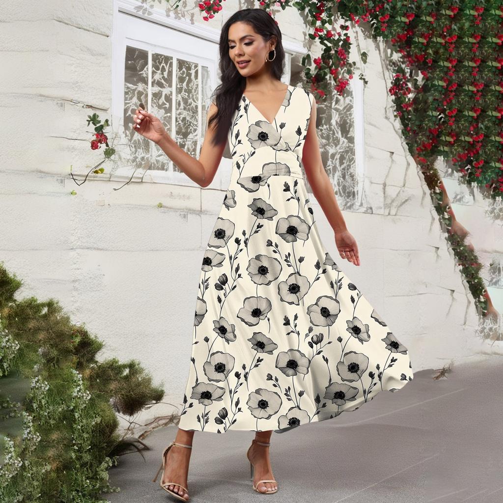 Women's Casual And Fashionable Floral Print V-Neck Sleeveless Dress Sleeveless Dress