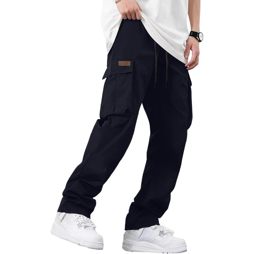 Men's Loose Casual Multi-pocket Work Pants, Youth Stretch Waist Drawstring Pants