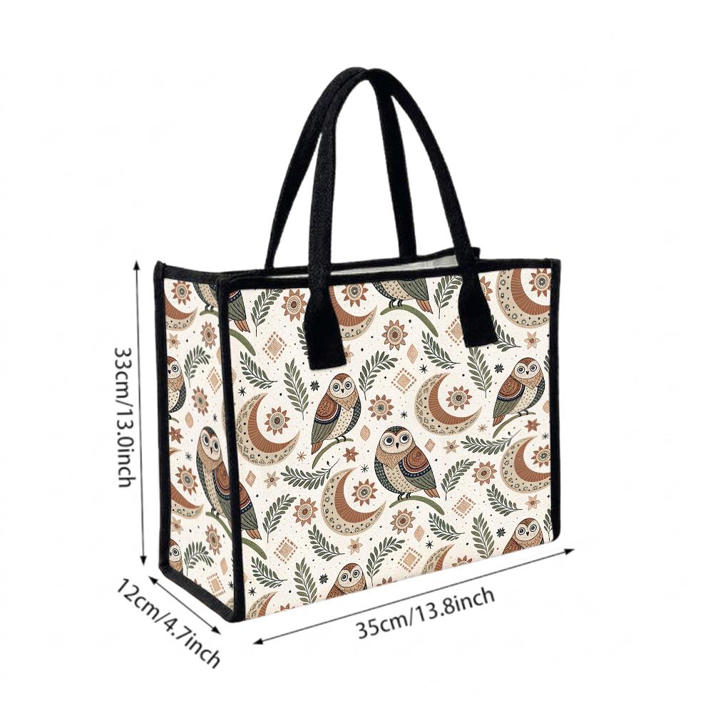 Bohemian Owl Pattern Tote Bag Casual Canvas Shopping Handbag for Daily Use