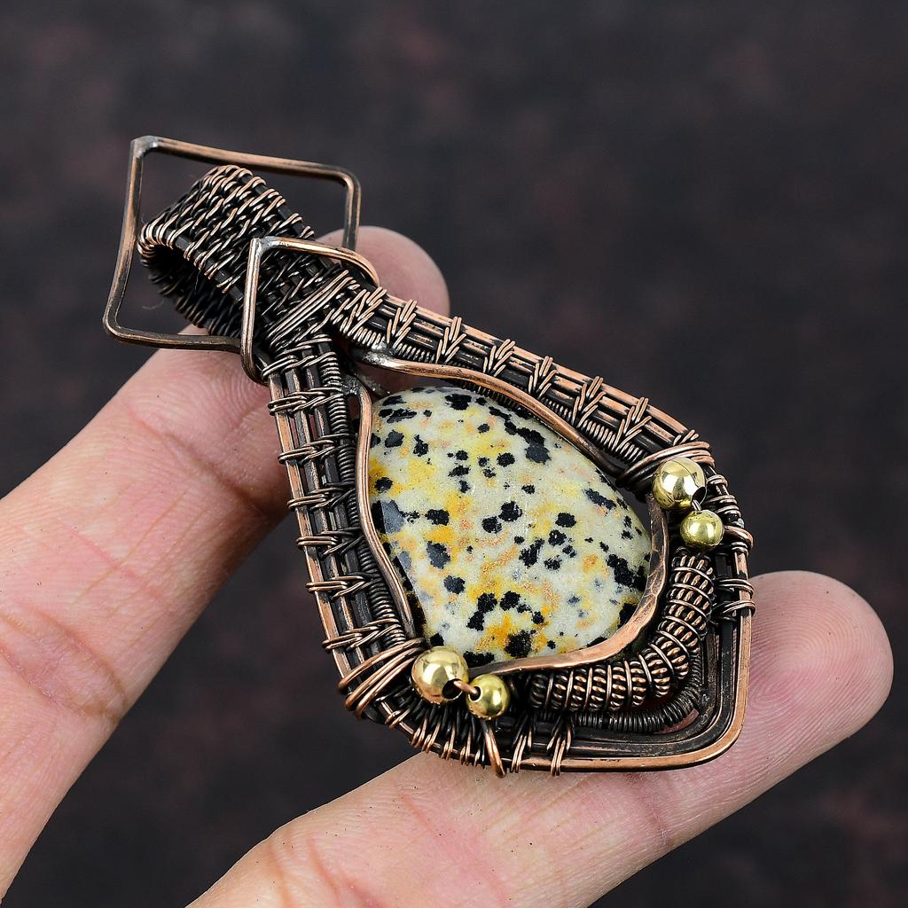 Подвеска из далматинской яшмы, обернутая медной проволокой, подвеска из натурального драгоценного камня, украшения ручной работы в технике wire wrap, подарок для него, удивительные медные украшения