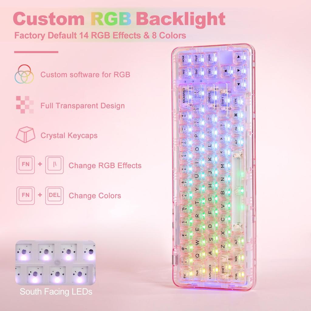Механическая игровая клавиатура YUNZII X71 с прозрачной 71 RGB для сертификации по техническим стандартам, колпачки Ice Keycaps, клавиши, 68% раскладка, беспроводная,