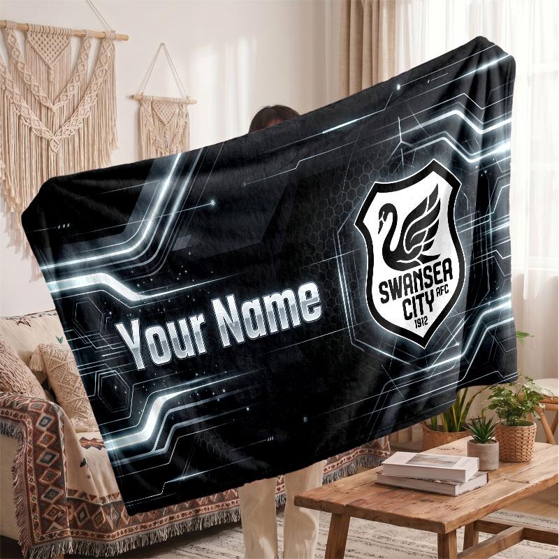 Swansea City FC Personalized Fleece Blanket With Football Logo, Custom Name Text Soft Warm Home Throw Blanket