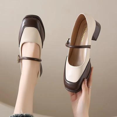 Мягкие кожаные цветные туфли-блоки для женщин, новые туфли Мэри Джейн с квадратным носком и неглубоким вырезом, маленькие кожаные туфли 2024 года