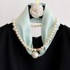 Magnetic Narrow Elegant Satins Neck Scarf Wrap With Pearls Chain Necklace And Buckle For Women Vintage Floral Silk Neckerchief