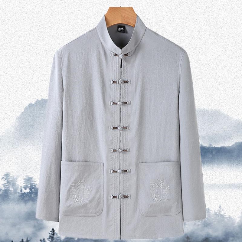 Мужской танский костюм с длинным рукавом: Ханьфу в китайском стиле для весны/лета - Идеально для среднего и пожилого возраста, рубашка для тай-чи для папы и дедушки